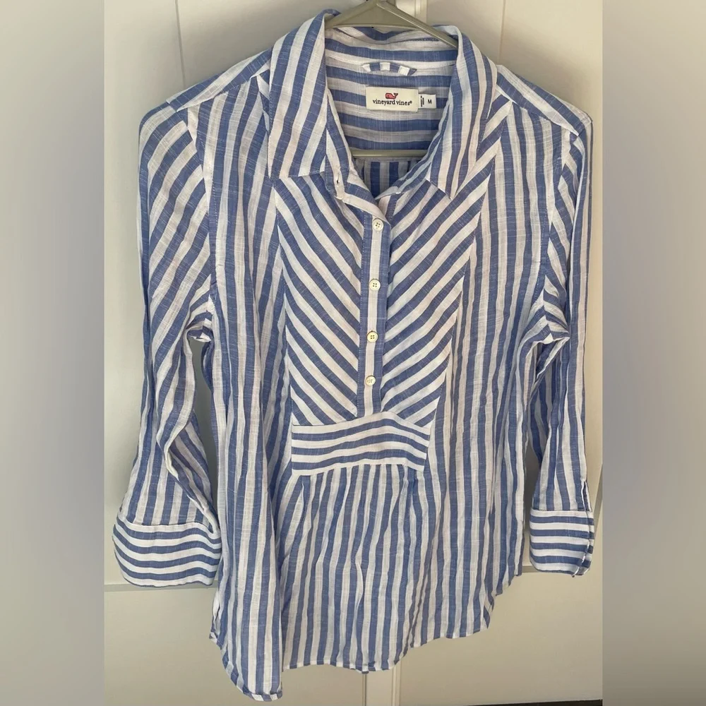 Vineyard Vines blue white striped blouse 3/4 sleeve tunic top preppy medium - Picture 1 of 8